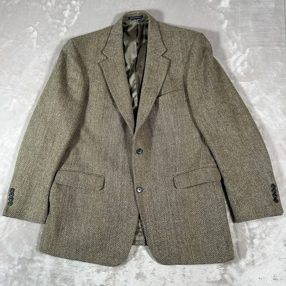 VTG Harris Tweed Blazer Mens 44L Brown Herringbone Wool Handwoven Sport Coat